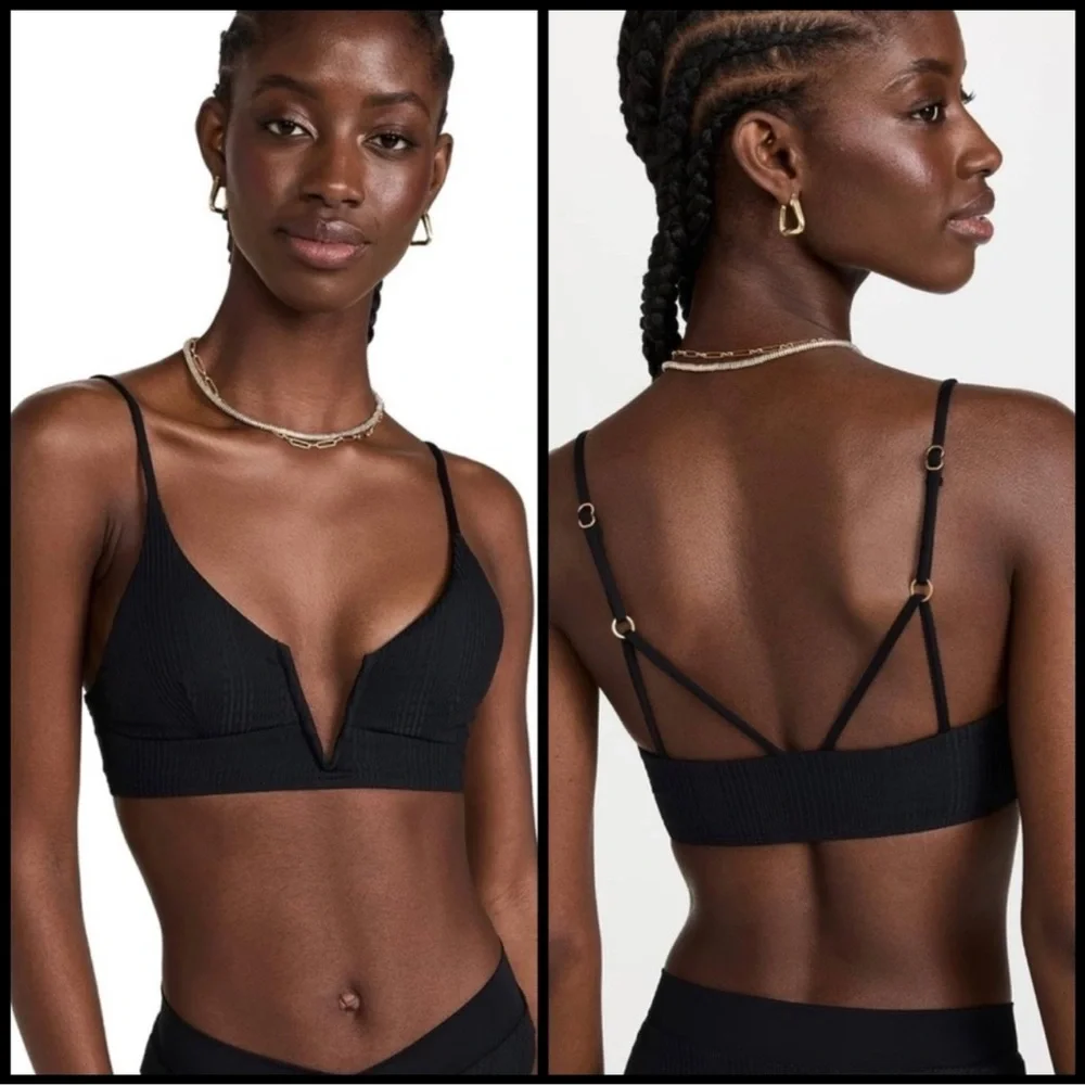 L*SPACE Siren Bikini Top XL Black Ribbed Strappy Swimwear Resortwear Beach 90s